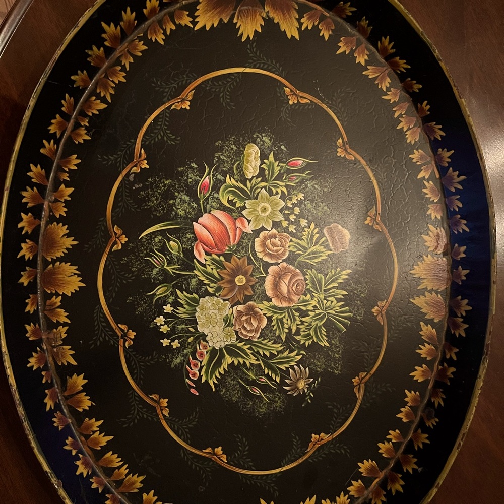 Black, oval, serving tray with handles